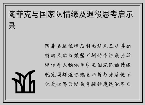 陶菲克与国家队情缘及退役思考启示录 陶菲克与国家队情缘及退役思考启示录
