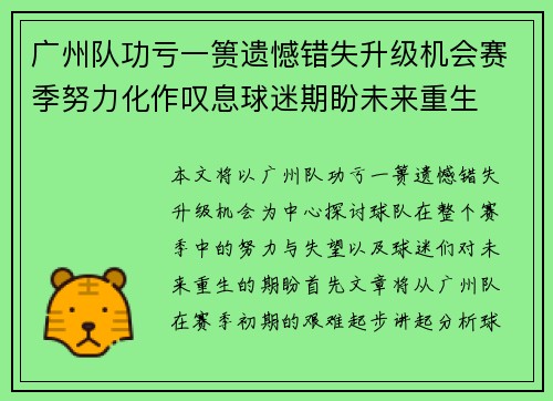 广州队功亏一篑遗憾错失升级机会赛季努力化作叹息球迷期盼未来重生 广州队功亏一篑遗憾错失升级机会赛季努力化作叹息球迷期盼未来重生